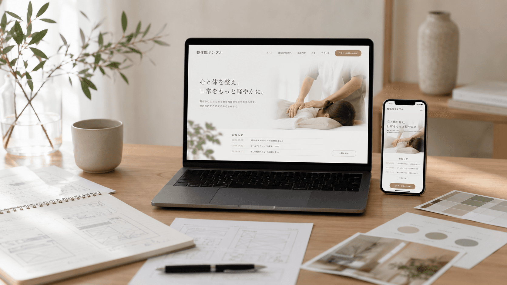 整体院デモサイトのパソコンとスマートフォン表示